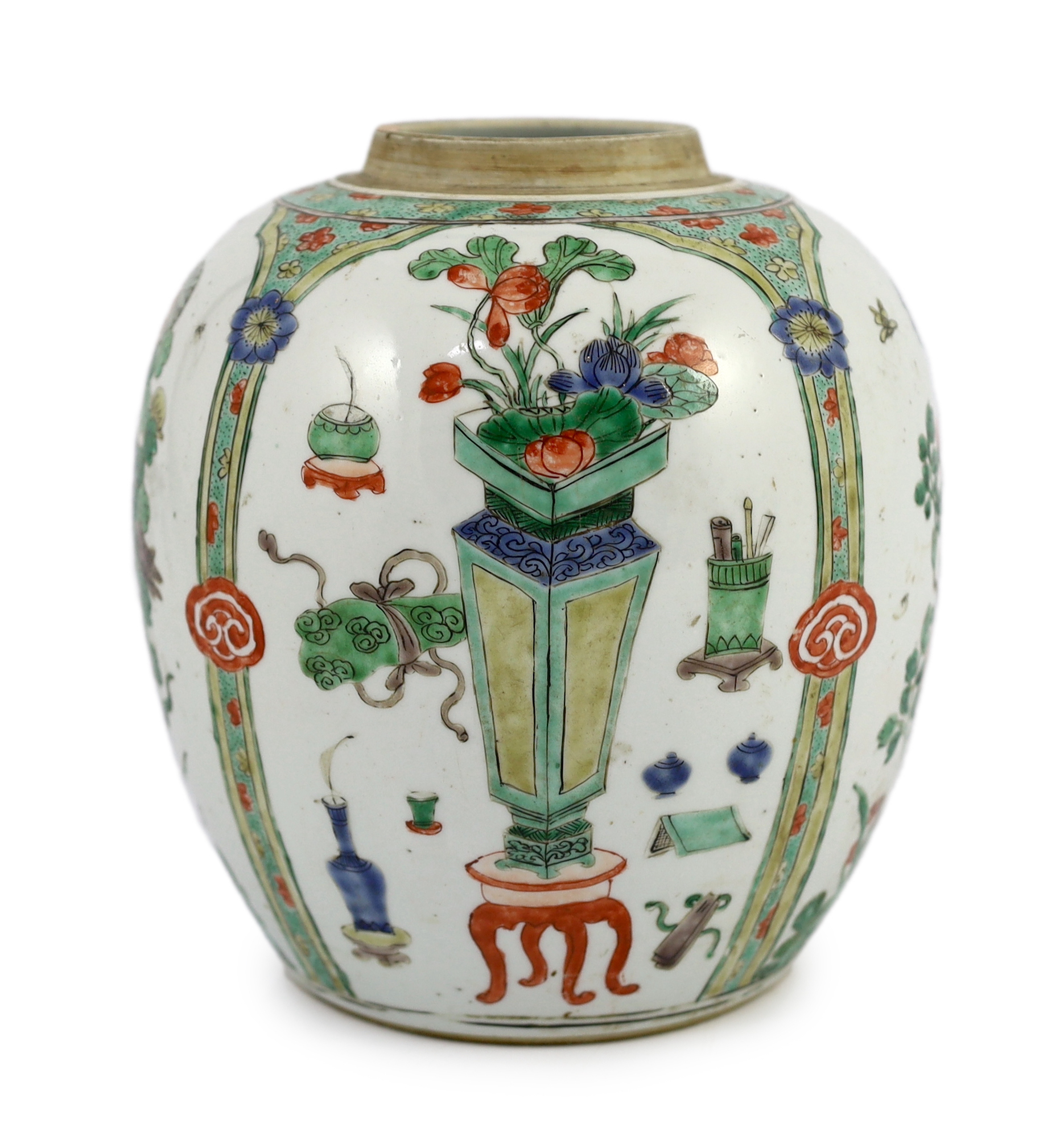 A Chinese famille verte 'Hundred Antiques' ovoid jar, Kangxi period, star crack